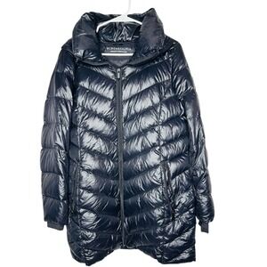 BCBGMaxazria Womens Black Packable Premium Down Puffer Long Coat‎ Sz L Shiny